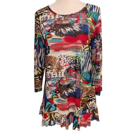 Mirror Image Womens Size S Colorful Abstract Graffiti Art Mesh Ruffle Hem Top - Picture 2 of 11